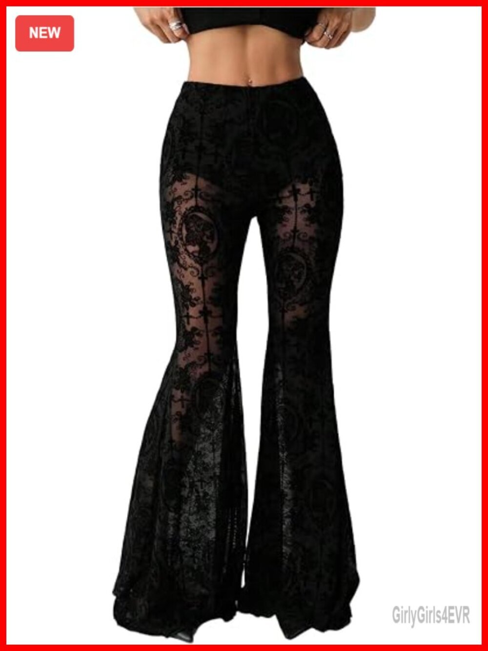 Lace Bell Bottom Pants Mesh Flare Leg High Waisted Sheer Gothic Leggings